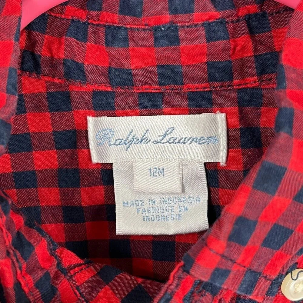 Ralph Lauren Baby Boy Button Up Dress Shirt 12‎ Months Red Plaid Cotton